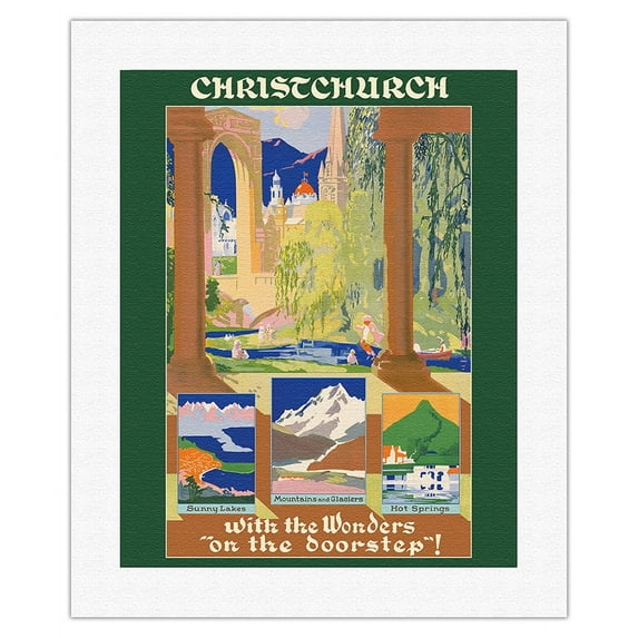 Christchurch New Zealand - Cathedral Hanmer Springs and Bridge of Remembrance on the River Avon - Vintage Travel Poster c.1935 - Fine Art Rolled Canvas Print 16in x 20in