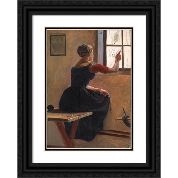 Christen Dalsgaard 18x24 Black Ornate Framed Double Matted Museum Art Print Titled: A Young Girl in Jutland Writing Her Beloved's Name on a Misty Window (1852)