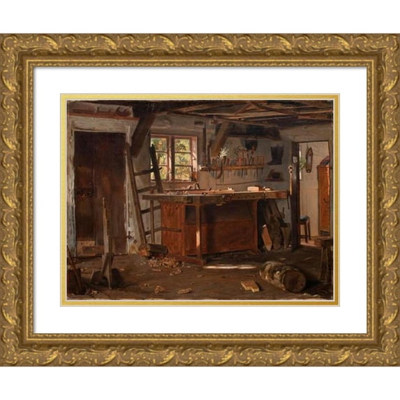Christen Dalsgaard 24x19 Gold Ornate Framed and Double Matted Museum Art Print Titled - A Carpenter's Workshop (1855)