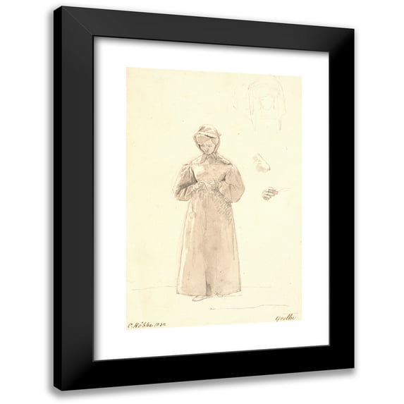 Christen Købke 11x14 Black Modern Framed Museum Art Print Titled - Study by the Artist's Sister Cecilie Margrethe, T.H. Two Sketches of Her Head as Well as Sketches of Her Neck and Shoulder and of He