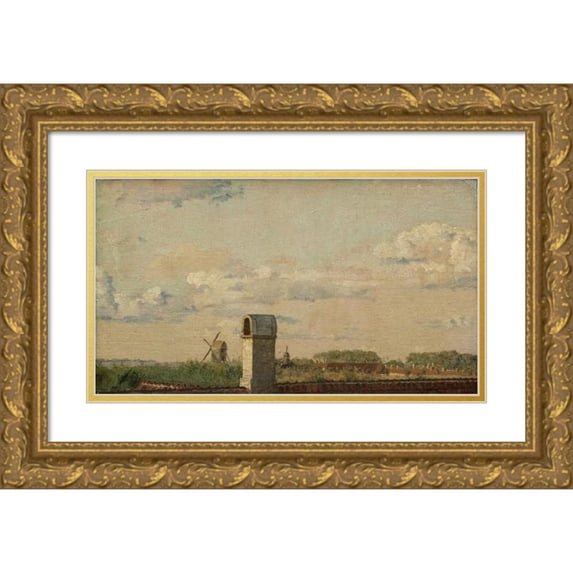 Christen Købke 24x15 Gold Ornate Framed and Double Matted Museum Art Print Titled - View from a Window in Toldbodvej Looking Towards the Citadel in Copenhagen