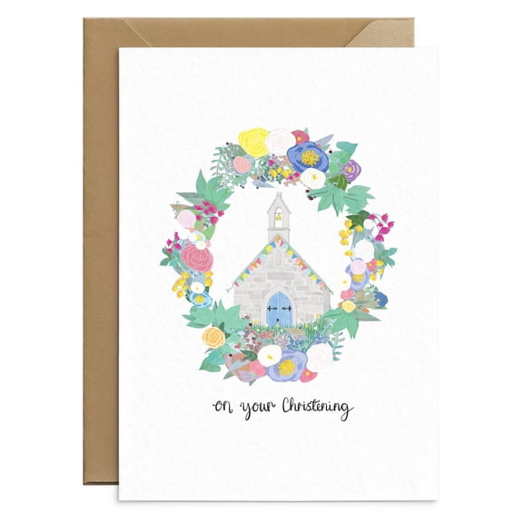 Christening Card with Floral Wreath Design  "On Your Christening" Greeting  Includes Envelope, Blank Inside  Perfect for Celebrations and Religious Ceremonies