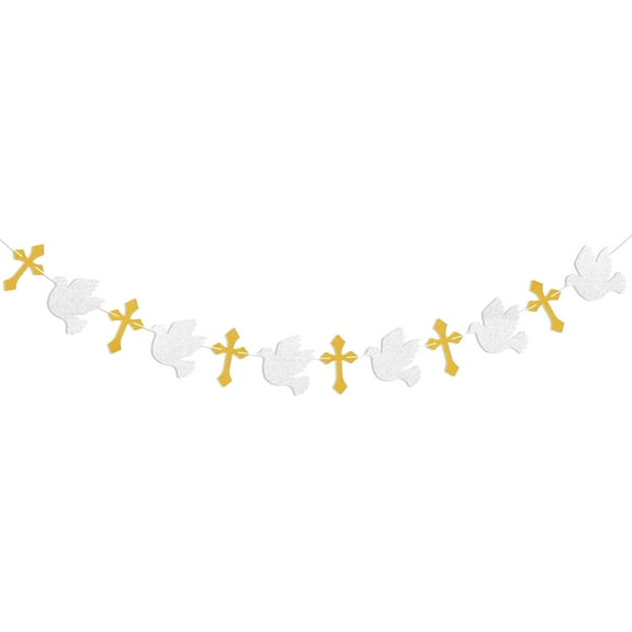 Christening Cross & Dove Garland Banner - Baptism, Wedding, Baby Shower Decor, God Bless Banner, Fist Holy Communion Sign, Blessing On Your Confirmation Decorations White & Gold Glitter