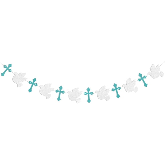 Christening Cross & Dove Garland Banner - Baptism, Wedding, Communion Decor, God Bless on Your Confirmation Decor, First Holy Communion Decorations White & Blue Glitter