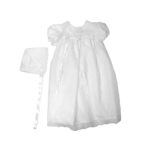 Christening Day Girls' White All-Over Lace Christening Gown with Bonnet