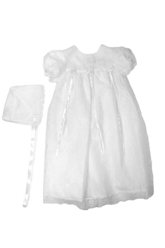 Girls' White All-Over Lace Christening Gown with Bonnet