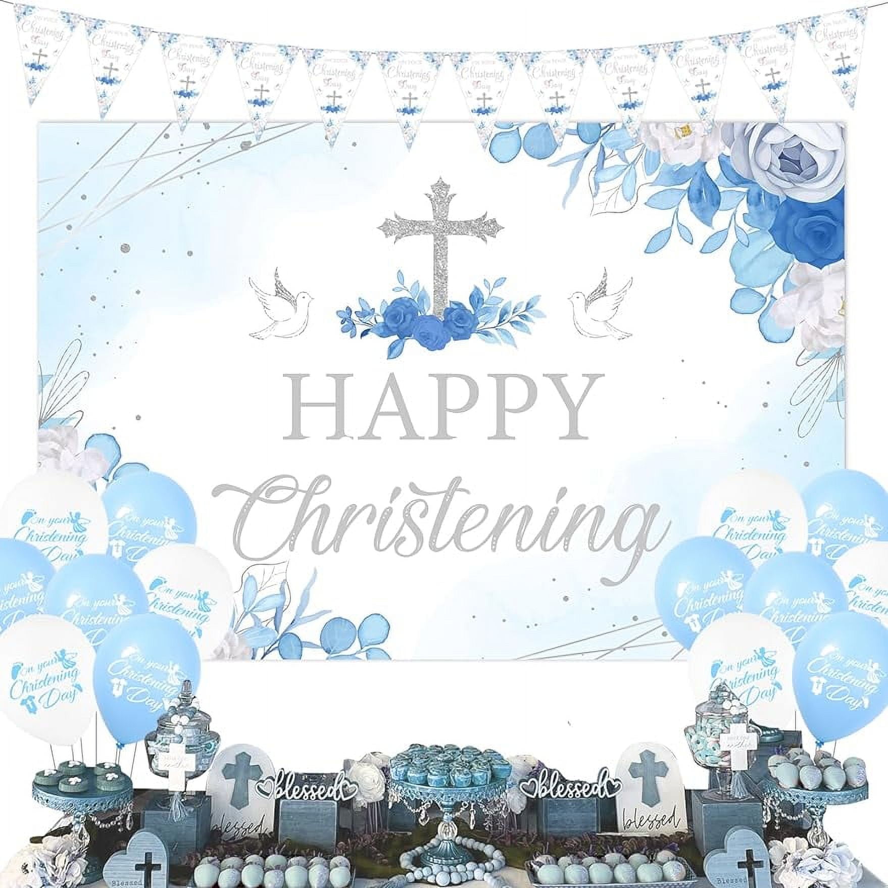 Christening Decorations Blue for Boys, Happy Christening Backdrop, On Your  Christening Day Banner, First Holy Communion Baby Shower Baptism Party ..., image size:1758x1758