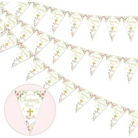 Christening Decorations for Girls Pink - 3 Pack Christening Decorations Banners, 36pcs Baptism Flag Bunting, First Holy Communion Decorations for Girls