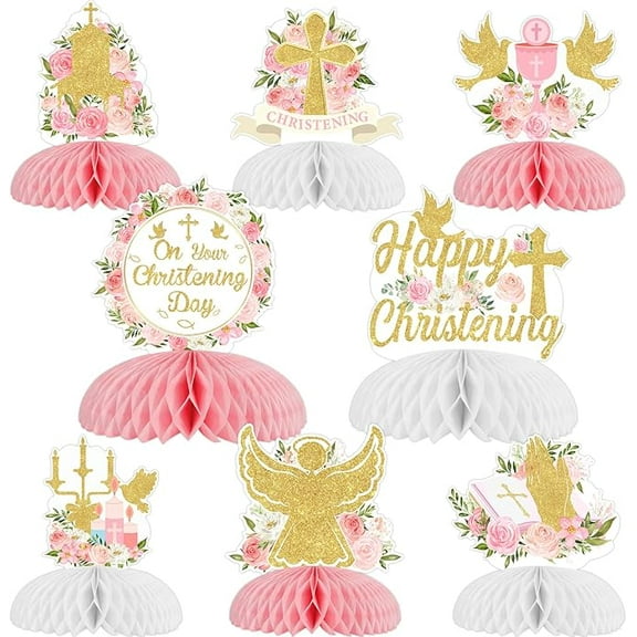 Christening Decorations for Girls Pink - 8pcs Happy Christening Honeycomb Centerpiece On Your Christening Day Table Centerpiece for Baptism Party First Holy Communion Decorations