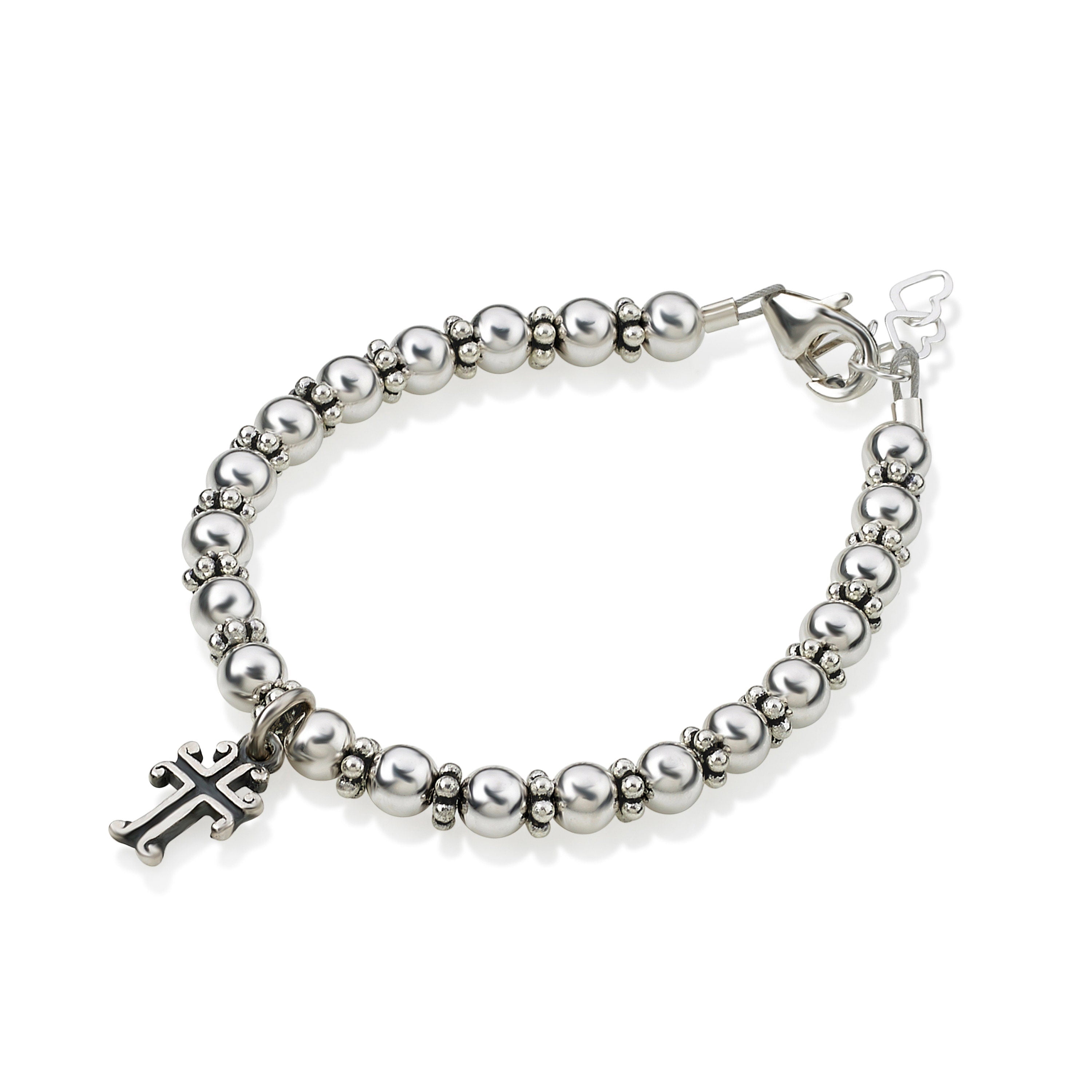 Christening Sterling Silver Beads and Spacers with Sterling Silver Cross Charm Luxury Stylish Unisex Baby Bracelet (BASC)
