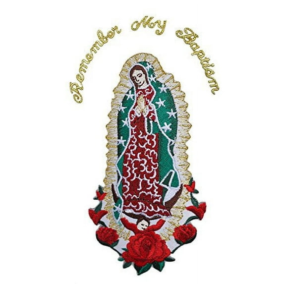 Christening Virgin Mary My Lady of Guadalupe Baptism Embroidered Iron On patch (Gold English Word 5.5"x4")