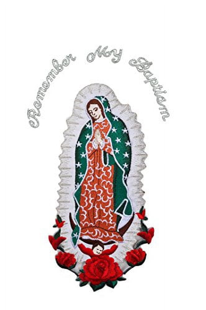 Christening Virgin Mary My Lady of Guadalupe Baptism Embroidered Iron On patch (Silver English Word 7"x4")