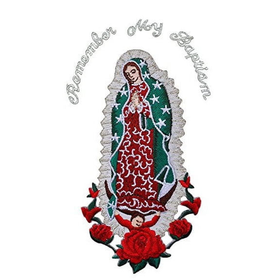 Christening Virgin Mary My Lady of Guadalupe Baptism Embroidered Iron On patch (Silver English word 4.25"x2.5")