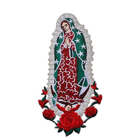 Christening Virgin Mary My Lady of Guadalupe Baptism Embroidered Iron On patch (Silver no word 4.75"x2.75")