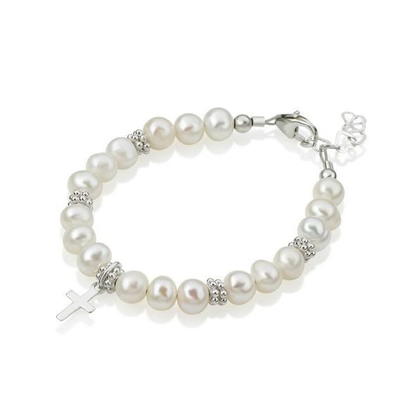 Christening White Cultured Fresh Water Pearls with Sterling Silver Cross Luxury Keepsake Unisex Baby Bracelet (BFWCD)