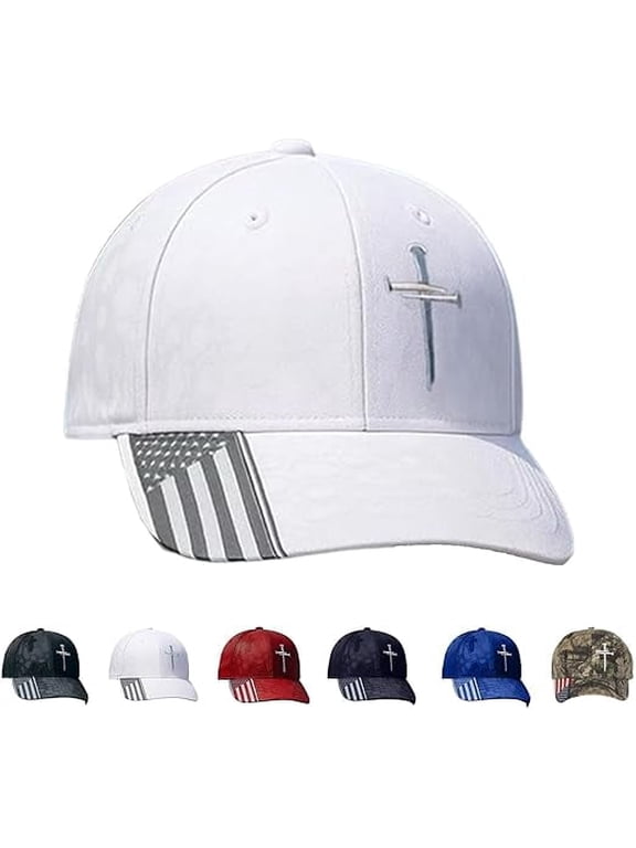Christian 3-Nail Cross Baseball Cap | Unisex Adjustable Hat with American Flag Print | Religious Headwear for All(White 1 PCS) 