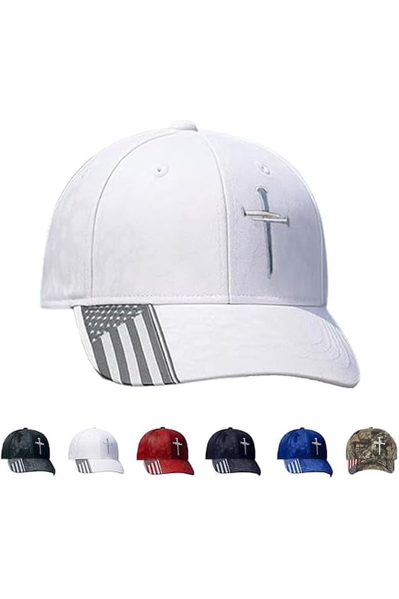 Christian 3-Nail Cross Baseball Cap | Unisex Adjustable Hat with American Flag Print | Religious Headwear for All(White 1 PCS) 
