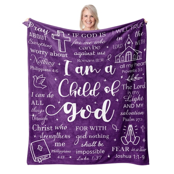 Christian 60x80 Purple Fleece Blanket, Child of God Blanket Bible Verses Religious Spiritual Gift for Women Men
