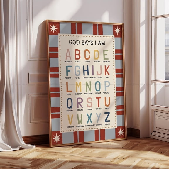Christian Alphabet God Says I Am ABC Wall Art, Unframed Paper Poster 8x10in
