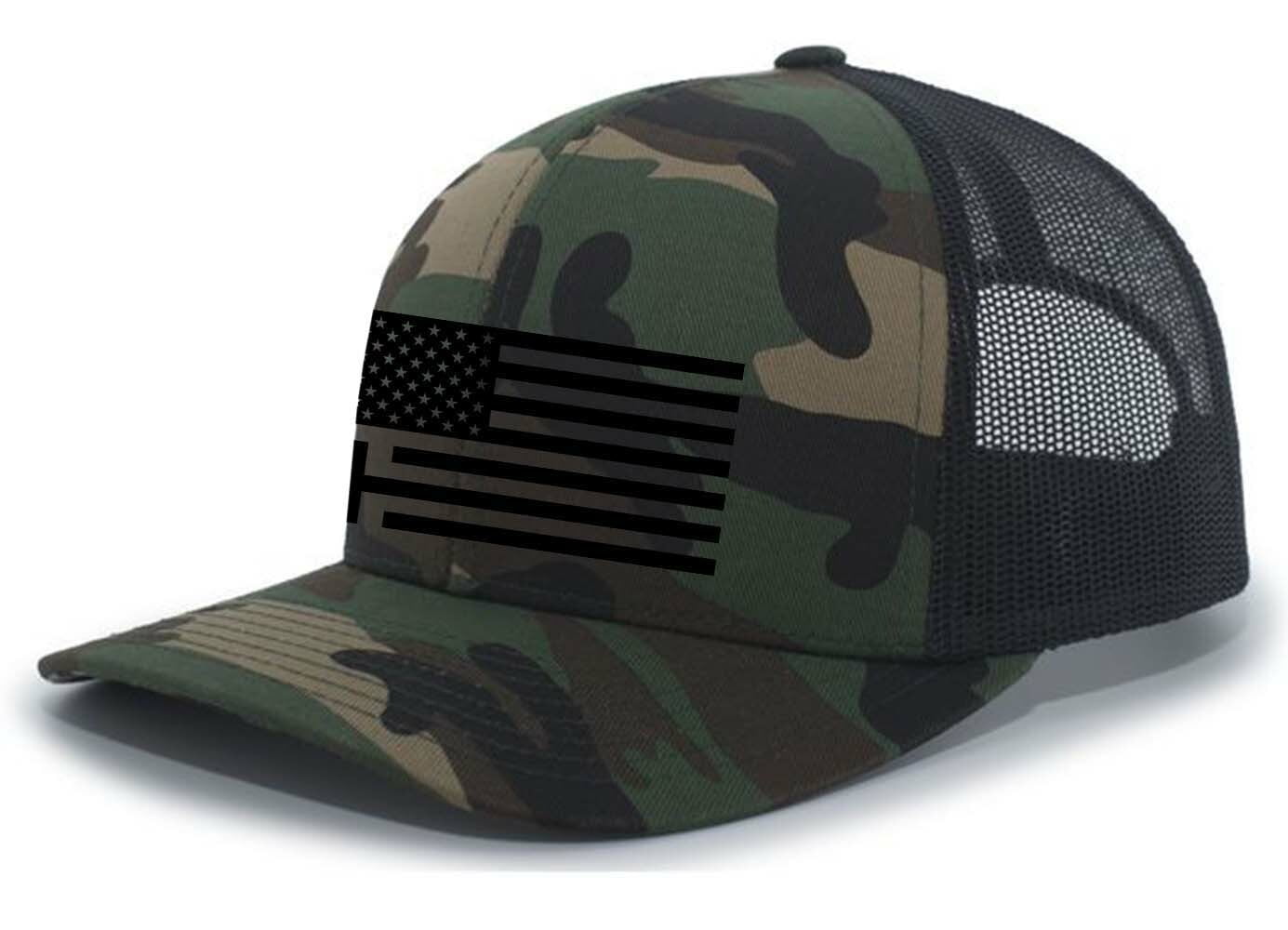 Christian American Flag Cross Mens Embroidered Mesh Back Trucker Hat, Army/Black