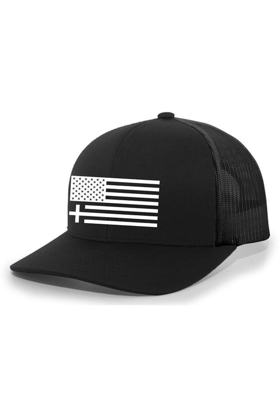 Christian American Flag Cross Mens Embroidered Mesh Back Trucker Hat, Black/Black