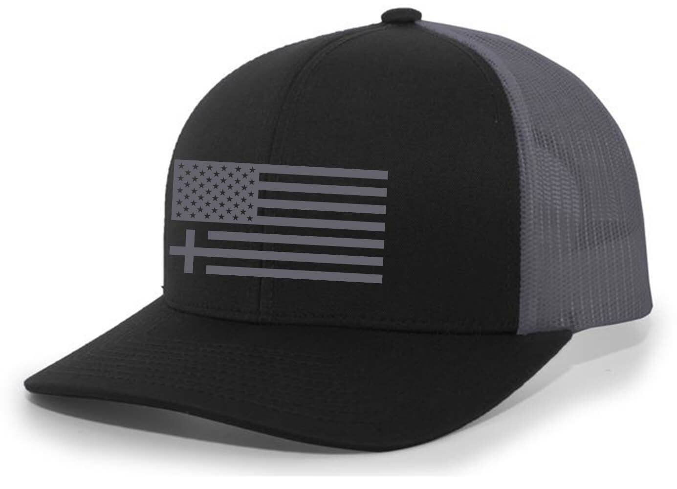 Christian American Flag Cross Mens Embroidered Mesh Back Trucker Hat, Black/Charcoal
