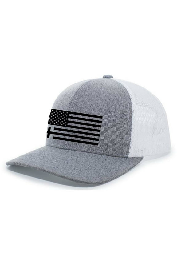 Christian American Flag Cross Mens Embroidered Mesh Back Trucker Hat, Heather Grey/White
