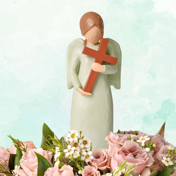 Angel Statue with Red Cross – Sympathy Memorial Gift, Home & Garden Decor, Baptism Keepsake