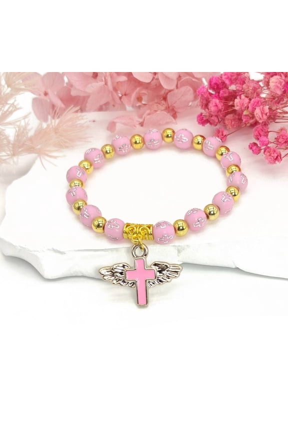 Christian Angel Wing Cross Bracelet, Inspirational Religious Beaded Gift for Baptism & Confirmation