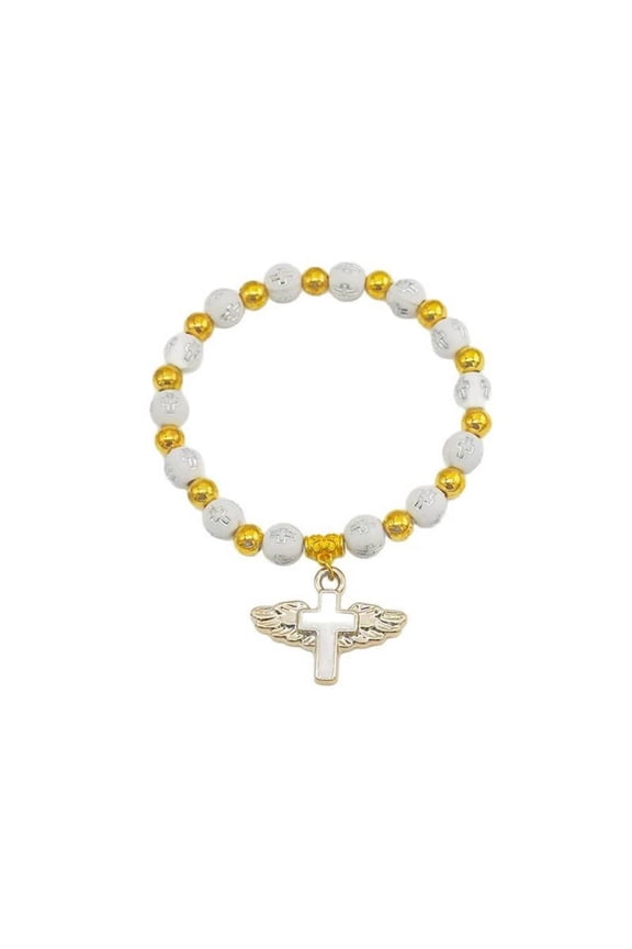Christian Angel Wing Cross Bracelet, Inspirational Religious Beaded Gift for Baptism & Confirmation
