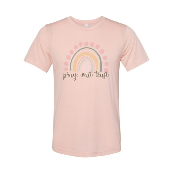 "Christian Apparel, Pray Wait Trust, Rainbow Shirt, Unisex, Religious Tee, Sublimation, Christian Tee, Soft Bella Tee, Prayer, Jesus, Praise, Peach, SMALL"