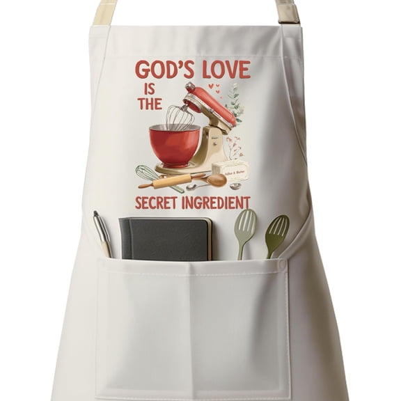 Christian Apron for Women Men, Cooking Kitchen BBQ Chef Bible Aprons Gifts for Christian Lover, Adjustable Neck Strap with 2 Pockets, Love is The Secret Ingrendient