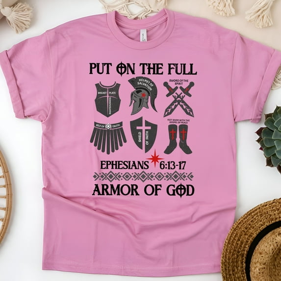 Christian Armor of God T-Shirt – Ephesians 6:13-17 Graphic Tee with Full Armor Illustration , Azalea, Size L