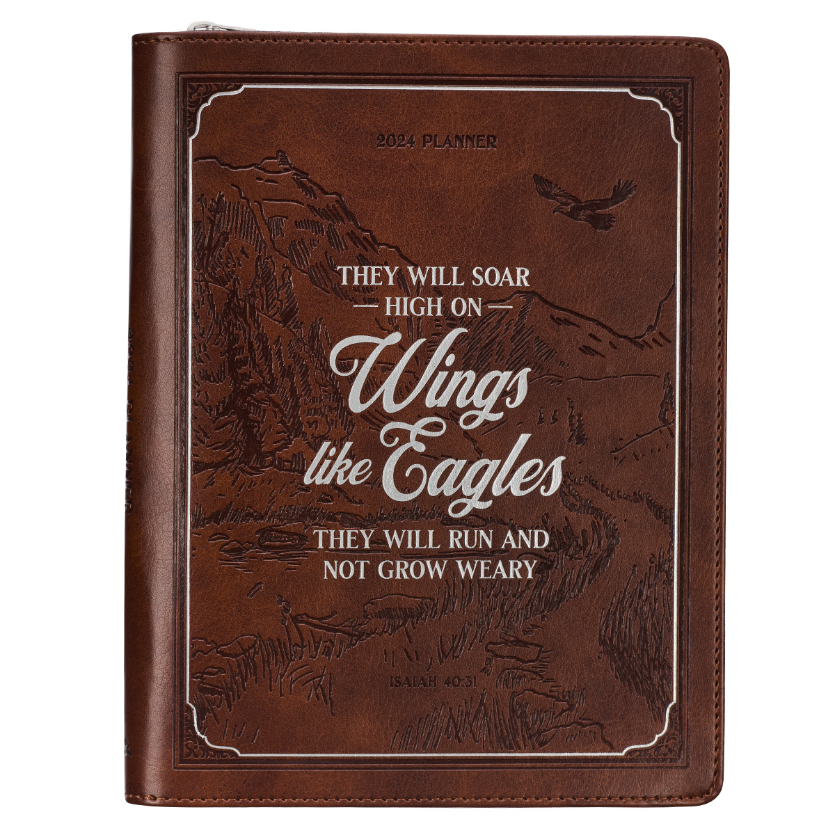 Christian Art Gifts 2024 12 Month Executive Vegan Leather Planner for Men & Women: Wings Like Eagles - Isaiah 40:31 Inspirational Bible Verse, Daily Personal Organizer w/Zipper Closure & Ribbon, Brown - image 1 of 6