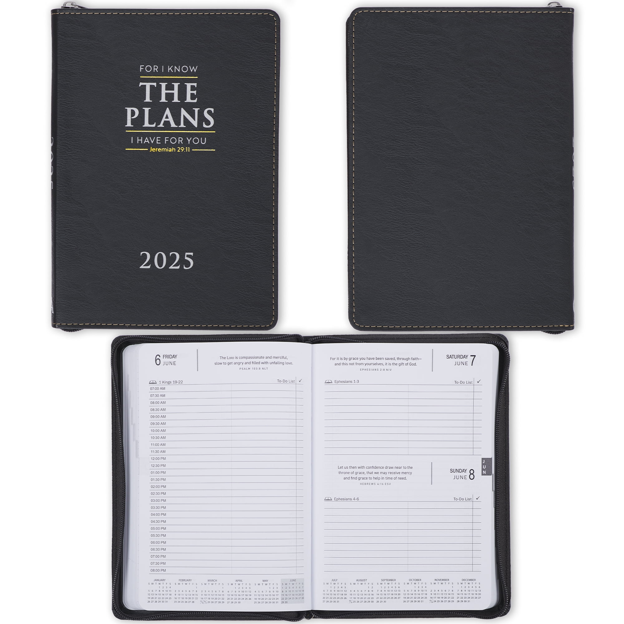 Christian Art Gifts 2025 12 Month Executive Vegan Leather Planner for Men & Women: I Know the Plans Inspirational Bible Verse, Daily Personal Organizer w/Zipper Closure & Ribbon, Black