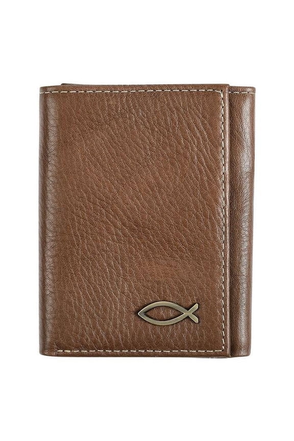 215143 Genuine Leather Trifold Wallet with Fish Emblem, Brown