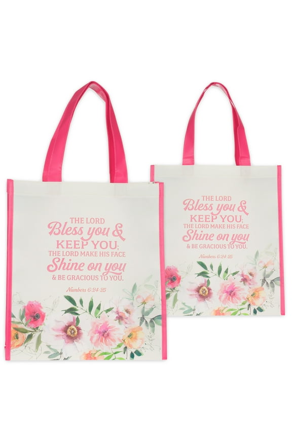 Reusable Shopping Tote Bag for Women: May the Lord Bless You and Keep You - Numbers 6:24 Inspirational Scripture for Supplies, Groceries, Books, Pink & Cream Multicolor Floral