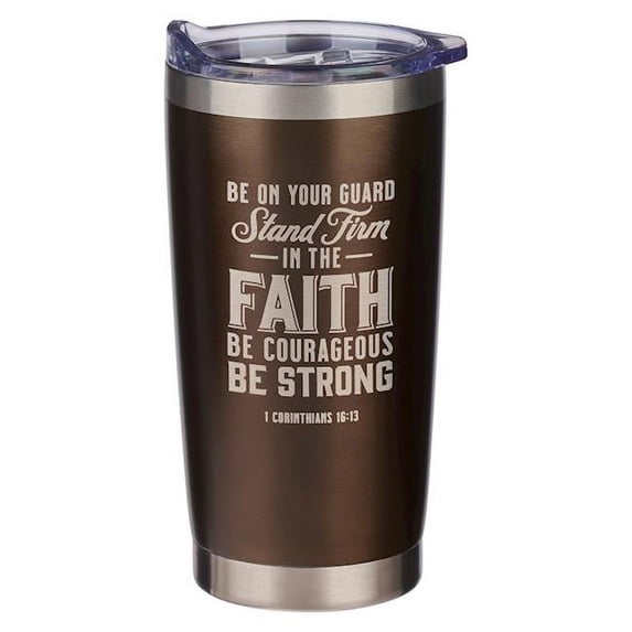 Christian Art Gifts 332070 Stand Firm In The Faith 1 Cor. 16-13 Travel Mug, Brown