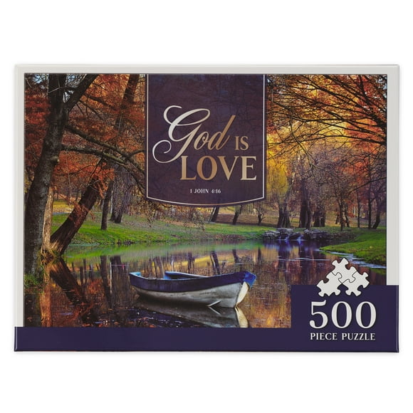 Christian Art Gifts 500 Piece Inspirational Scripture Jigsaw Puzzle for Men, Women & Kids: God is Love Gold Bible Verse, Sturdy Easy Fit Die Cut Family Game, Scenic Autumn Nature River Boat, 18" x 24"
