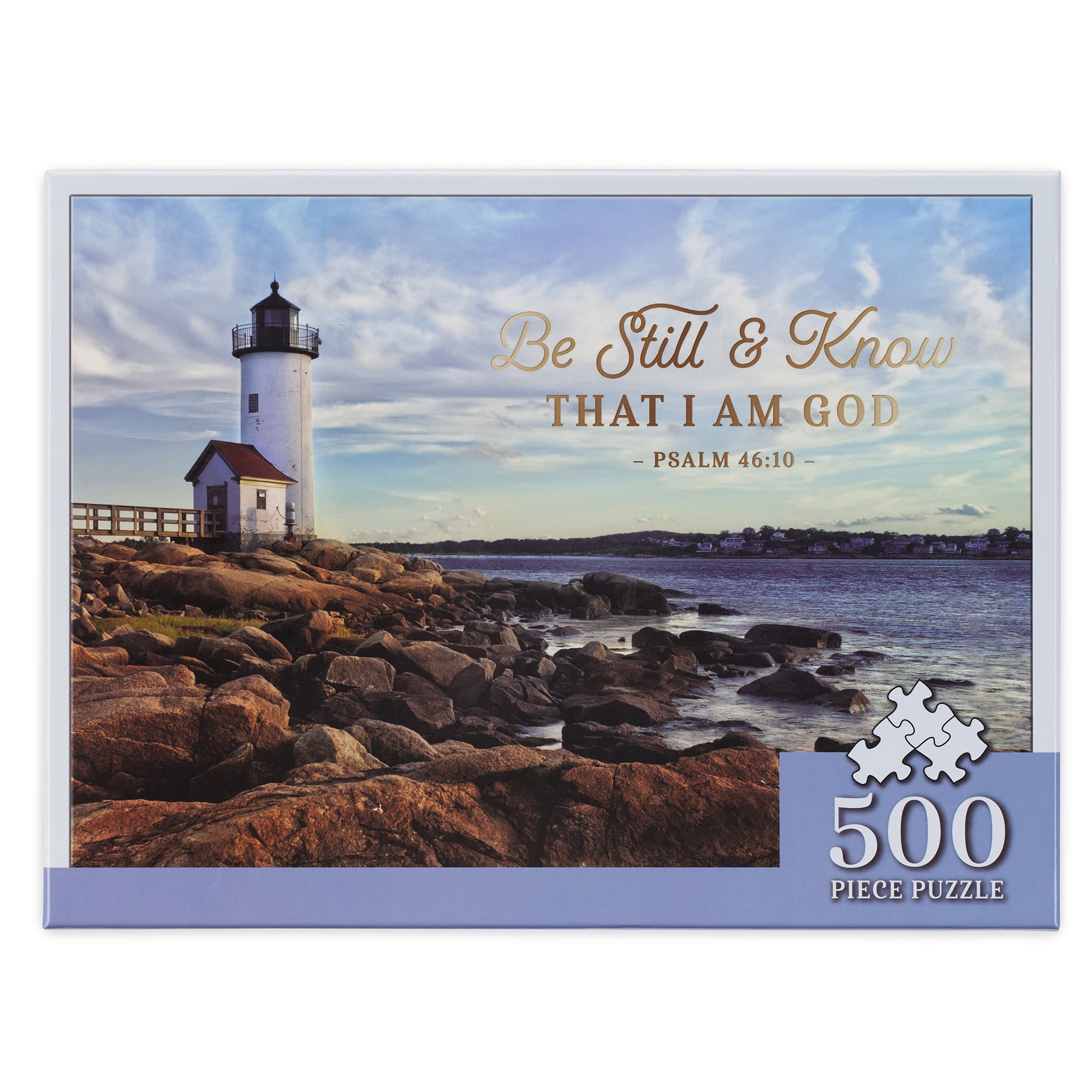 Christian Art Gifts 500 Piece Inspirational Scripture Jigsaw Puzzle for Men, Women & Kids: Be Still & Know Gold Bible Verse, Sturdy Easy Fit Die Cut Gold Multicolor Scenic Ocean Lighthouse, 18" x 24"