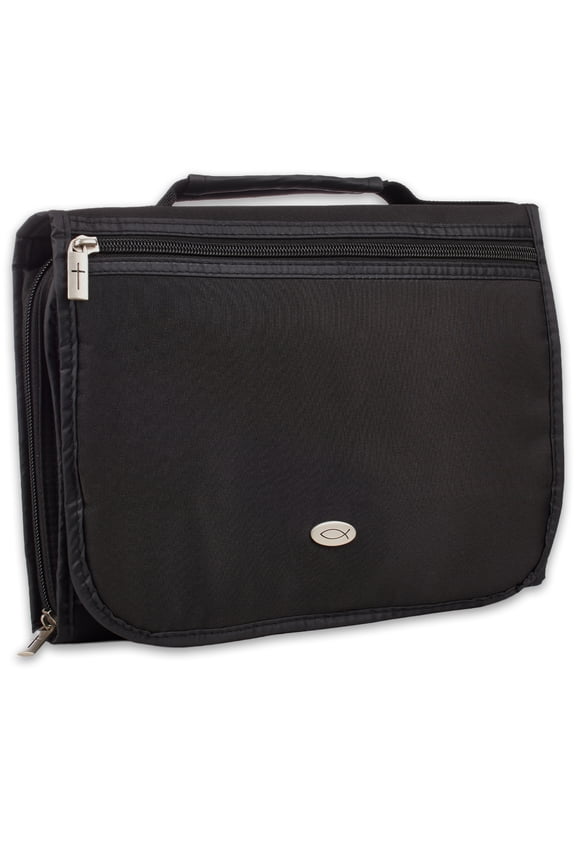 Black Microfiber Bible Cover for Men and Women  Ichthus Jesus Fish Emblem  Large Zippered Tri-Fold Organizer Case for Bible Christian Art Gifts