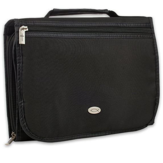 Christian Art Gifts Black Microfiber Bible Cover for Men and Women Ichthus Jesus Fish Emblem Large Zippered Tri-Fold Organizer Case for Bible Christian Art Gifts