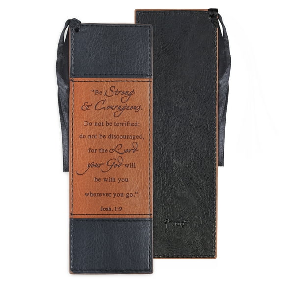 Christian Art Gifts Black and Tan Faux Leather Bookmark Strong and Courageous - Joshua 1:9 Bible Verse Inspirational Bookmark for Men and Women w/Satin Ribbon Tassel