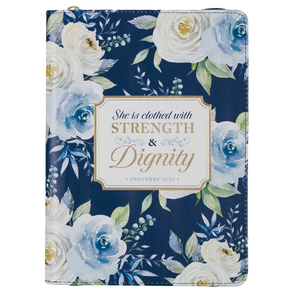 Christian Art Gifts Blue Vegan Leather Zipped Journal, Inspirational Womens Notebook Floral Strength & Dignity Scripture, Flexible Cover, 336 Ruled Pages, Ribbon Bookmark, Proverbs 31:25 Bible Verse