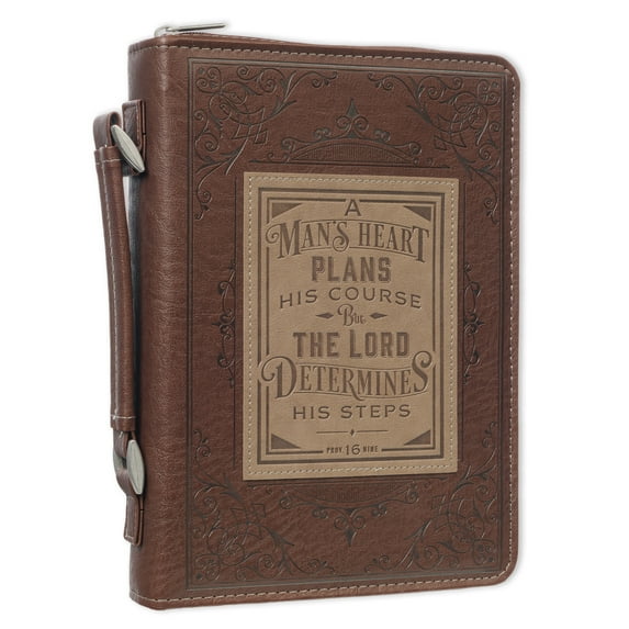 Christian Art Gifts Brown Faux Leather Classic Bible Cover A Man’s Heart - Proverbs 16:9 Bible Case Book Cover for Men or Women XL