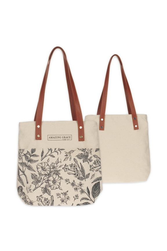 Canvas Tote Bag for Women: Amazing Grace - 2 Corinthians 12:9 Inspirational Scripture for Shopping, Supplies, Books, Accessories, Creamy Brown
