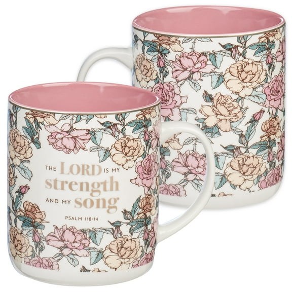 Christian Art Gifts Ceramic Coffee Mug for Women: My Strength and My Song - Psalm 118:14 Inspirational Bible Verse, Pink Floral Ivory, 14 oz.
