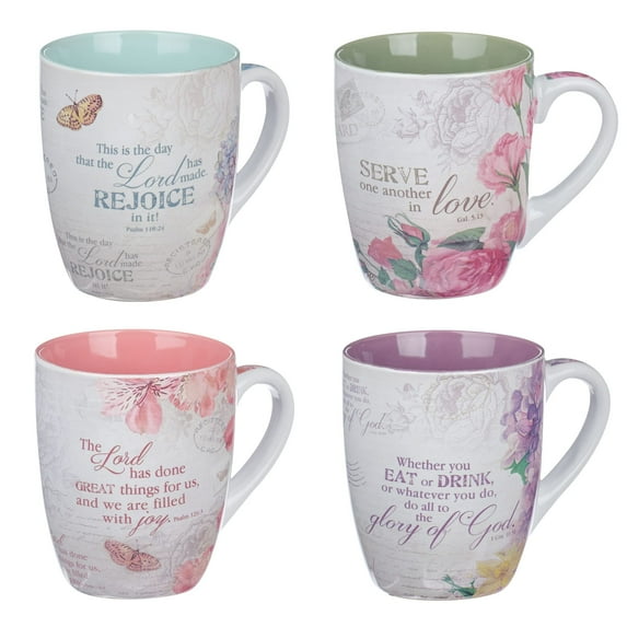 Christian Art Gifts Ceramic Coffee and Tea Mug Set for Women: Vintage Botanic Floral Inspirations Design with Encouraging Bible Verses, Variety Boxed Set of Four Colorful Cups