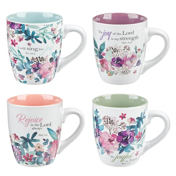 Christian Art Gifts Ceramic Coffee or Tea Mug Set for Women, Rejoice Watercolor Flowers Design Bible Verse Mug Set, Boxed Set of 4 Coffee Cups