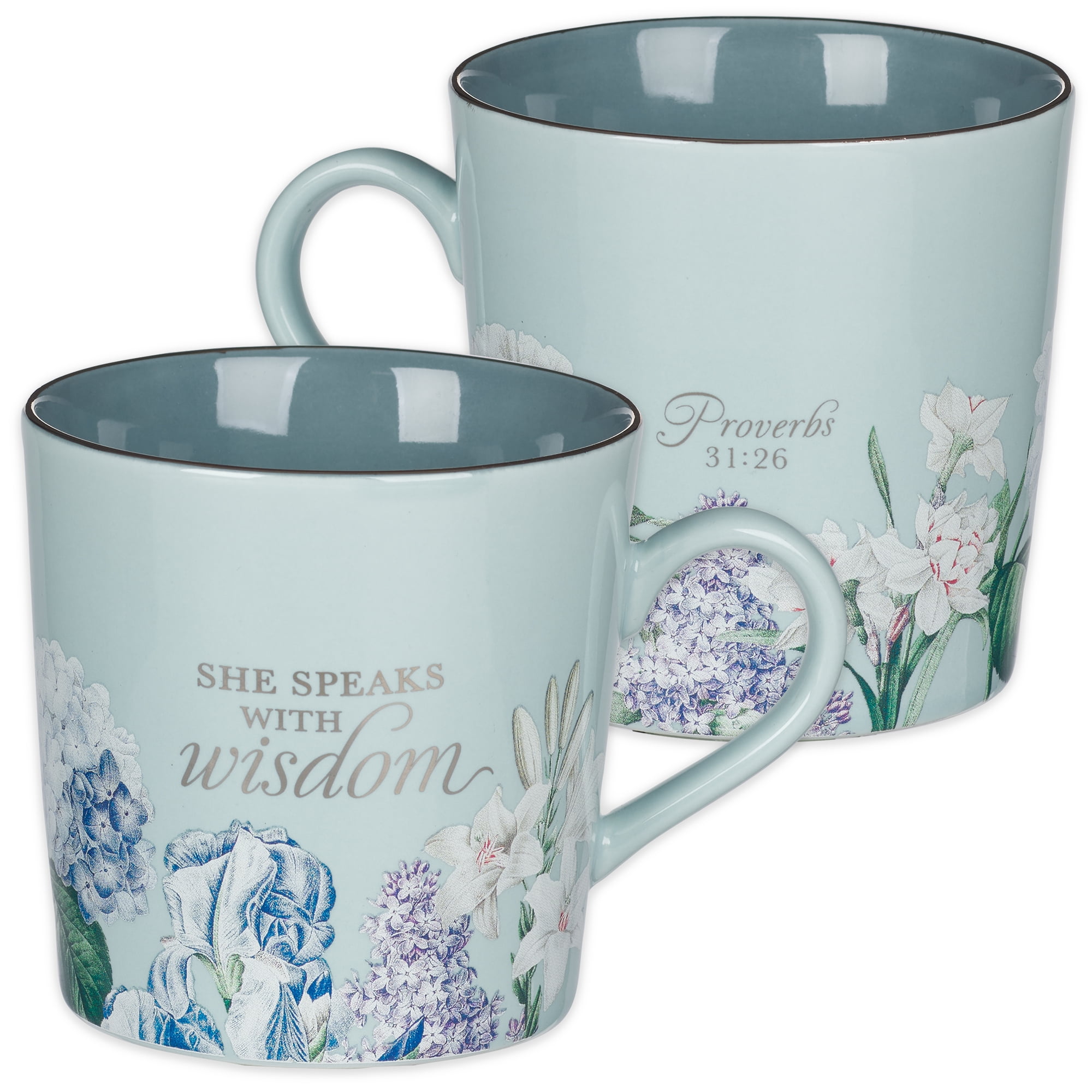 Blue Floral Ceramic Mug with Inspirational Scripture, 14 oz